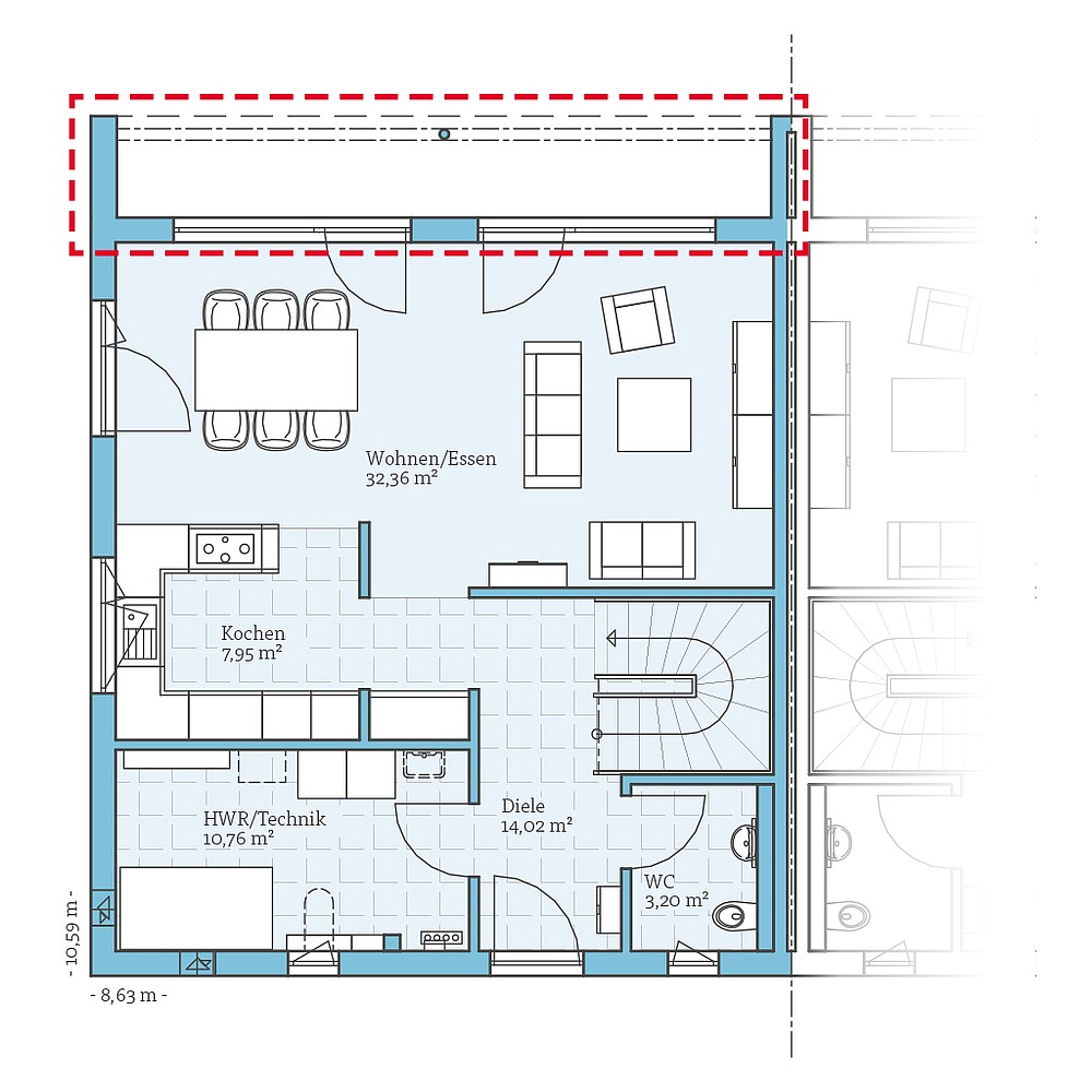 Planungsoption Erdgeschoss Fertighaus Doppelhaus 135: Grundrissoption EG - Hanse Haus