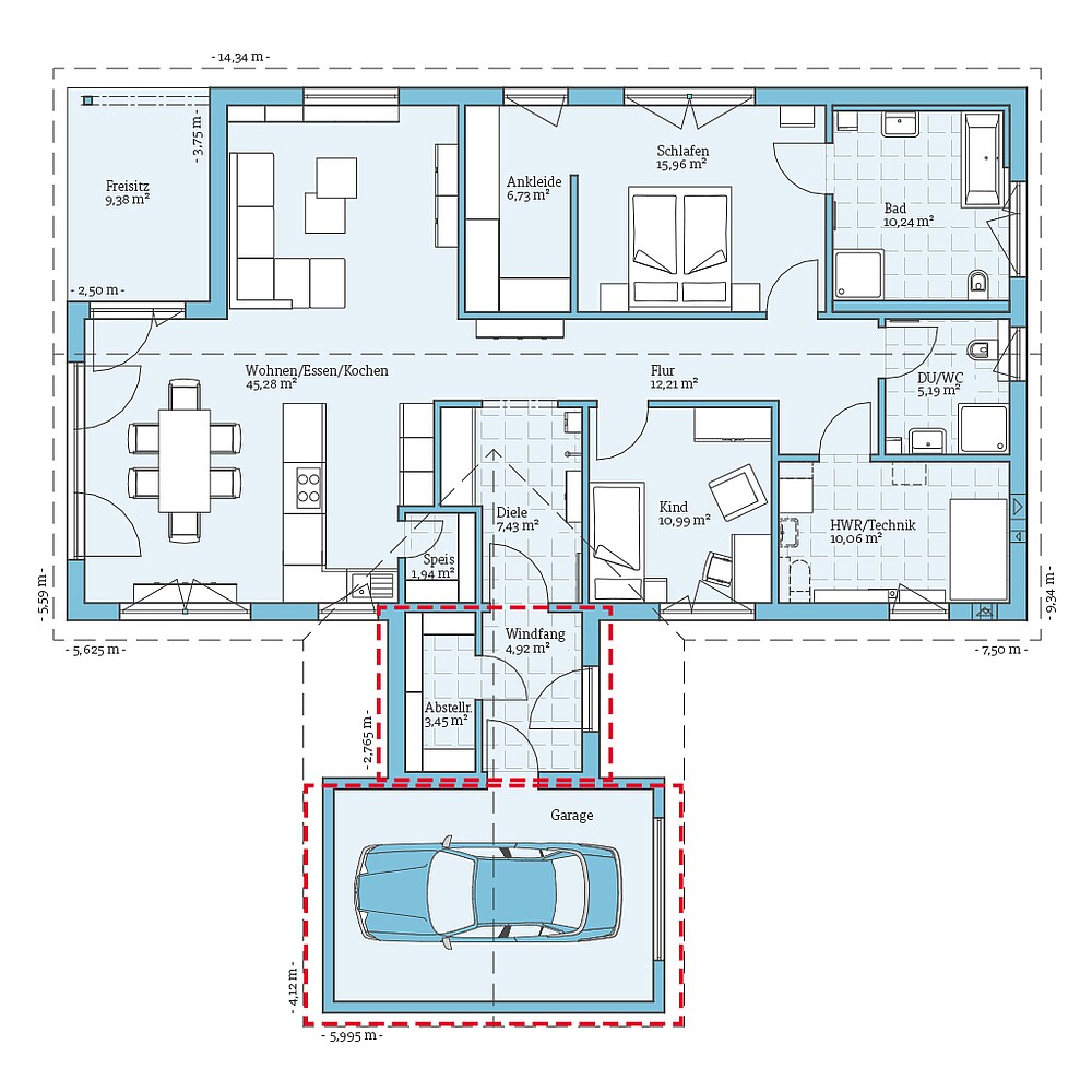 Fertighaus Bungalow 127: Grundriss EG