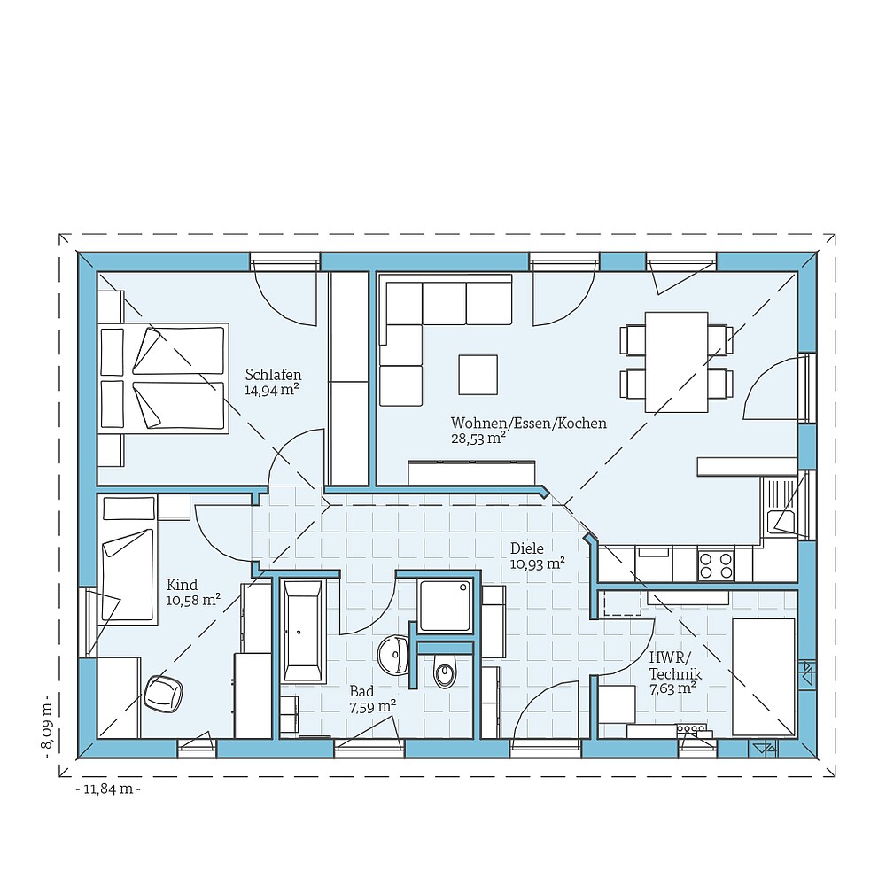 Fertighaus Bungalow 80: Grundriss EG
