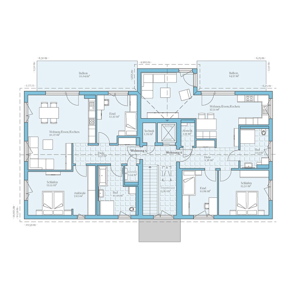 Fertighaus Mehrfamilienhaus 6 Wohneinheiten: Grundriss 2. OG