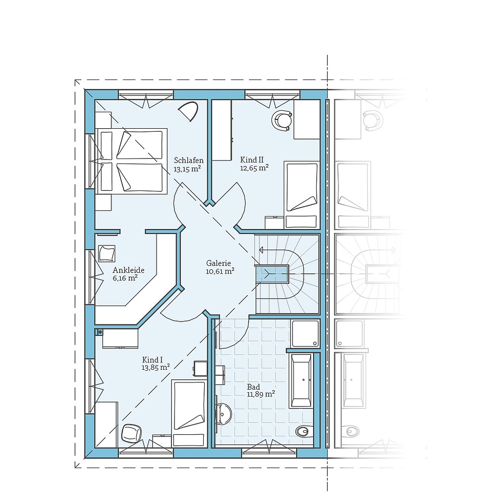 Obergeschoss Fertighaus Doppelhaus 139: Grundriss OG
