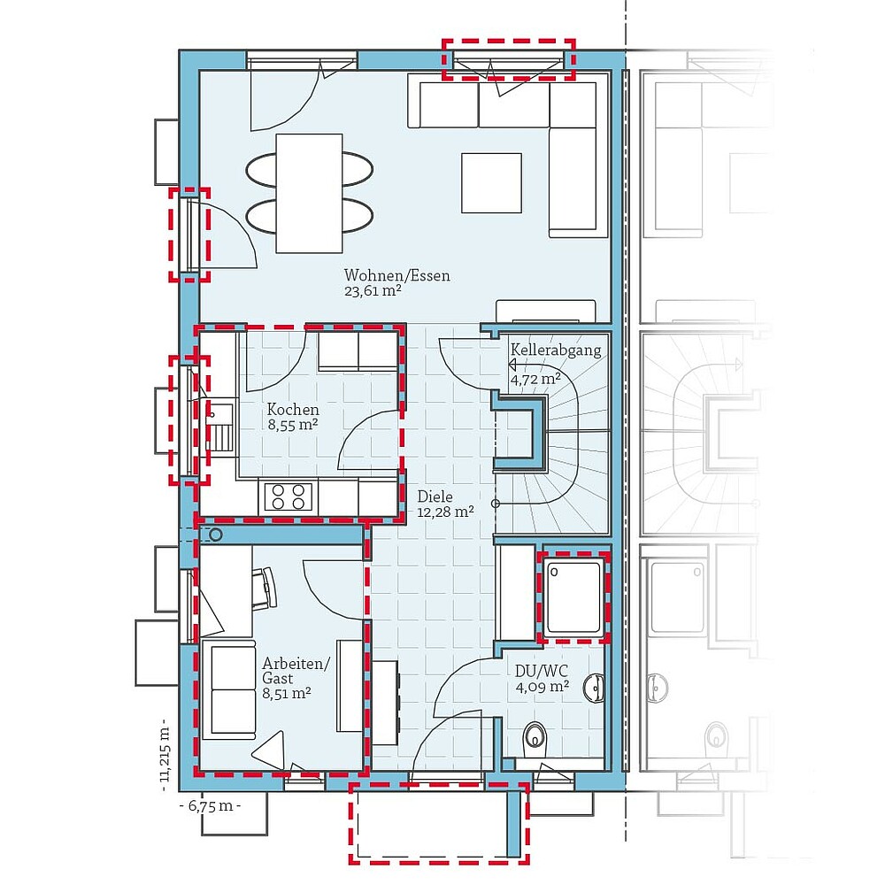QNG⁺-Line: Fertighaus Doppelhaus 38-124: Grundrissoption 1 EG