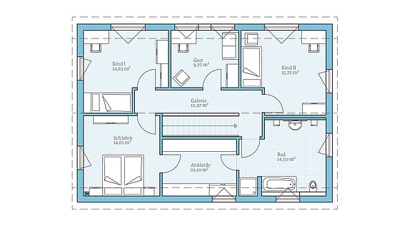 Dies ist der OG Grundriss des Hauses Variant 25-183 mit Einliegerwohnung