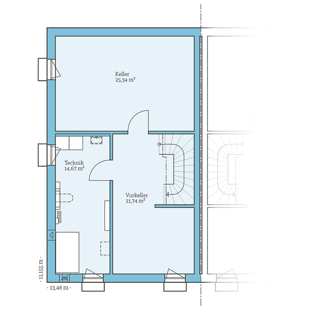 Planungsoption Kellergeschoss Fertighaus Doppelhaus 35-124: Grundrissoption KG