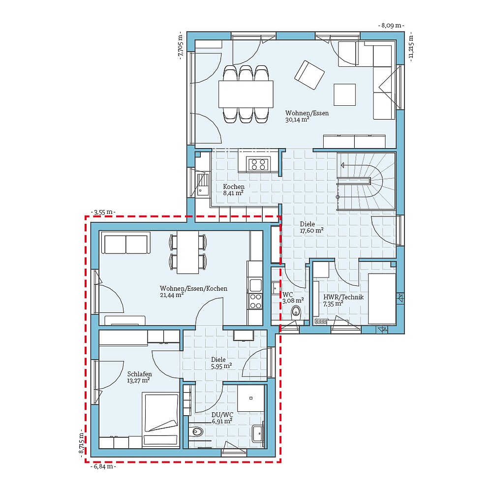 Fertighaus Variant 25-150 mit Einliegerwohnung: Grundriss EG