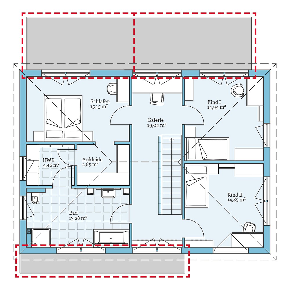 Obergeschoss mit Planungsoptionen Fertighaus Villa 174: Grundrissoption OG